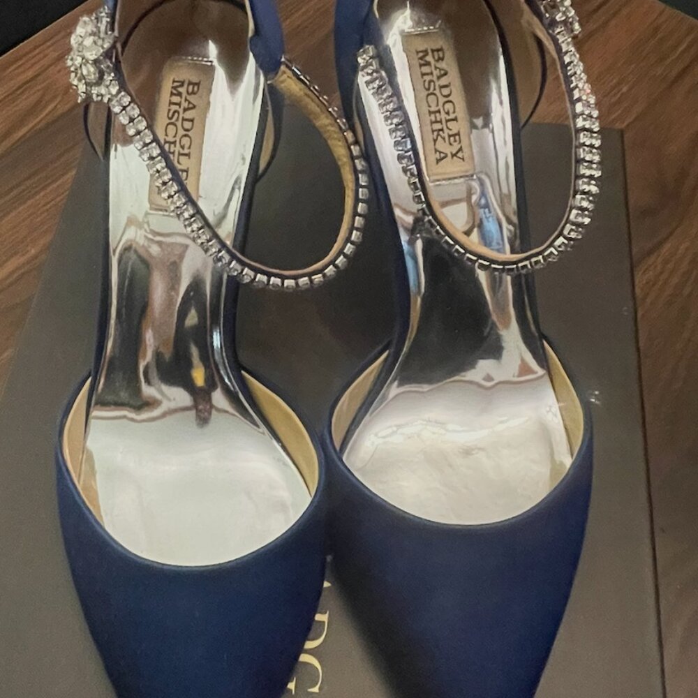 Badgley Mischka Valerie Rhinestone Strap Satin Pumps Navy High Heel Wedding - Picture 3 of 7